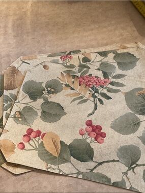 Vintage Botanical Placemats with Berry Print - Green, Pink, Tan